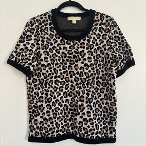 Michael Kors Women's Leopard Print Short Sleeve Sweater Shirt SzXL PreppyStrech